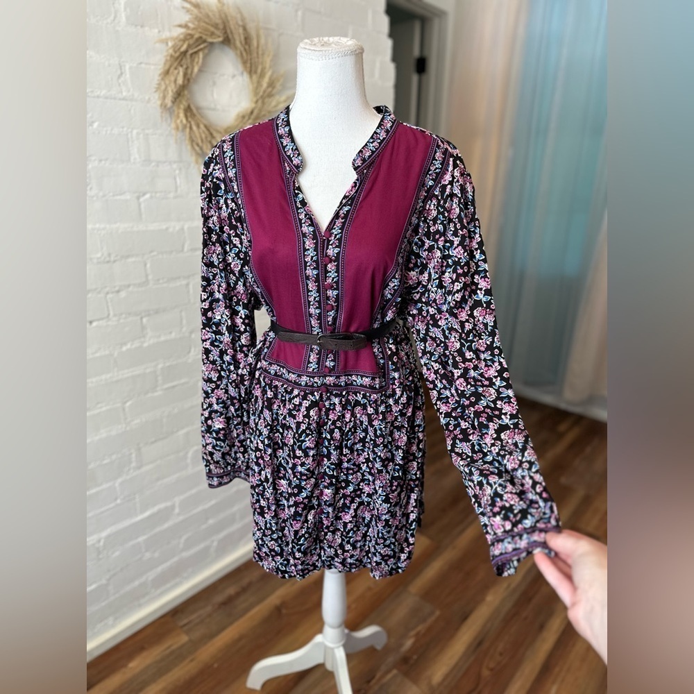 Woman Within Floral Boho Tunic with Fabric Buttons and Balloon Sleeves